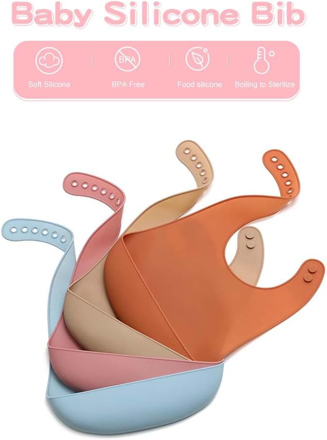 Silicone Baby Bibs Cute Super Thin Light Weight Feeding Bibs for Babies & Toddlers, Waterproof Adjustable Soft Silicone Bibs with Food Catcher Pocket, Unisex, Non Messy