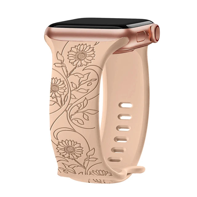 Engraved Band For Apple Watch Strap 44mm 42mm 41mm 40mm 45mm 49mm 38 Floral bracelet correa iwatch series 9 8 7 SE 6 5 4 3 Ultra