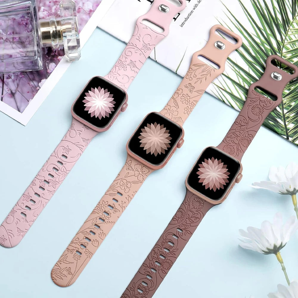 Engraved Band For Apple Watch Strap 44mm 42mm 41mm 40mm 45mm 49mm 38 Floral bracelet correa iwatch series 9 8 7 SE 6 5 4 3 Ultra