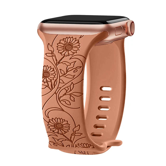 Engraved Band For Apple Watch Strap 44mm 42mm 41mm 40mm 45mm 49mm 38 Floral bracelet correa iwatch series 9 8 7 SE 6 5 4 3 Ultra