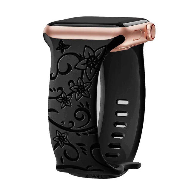 Engraved Band For Apple Watch Strap 44mm 42mm 41mm 40mm 45mm 49mm 38 Floral bracelet correa iwatch series 9 8 7 SE 6 5 4 3 Ultra