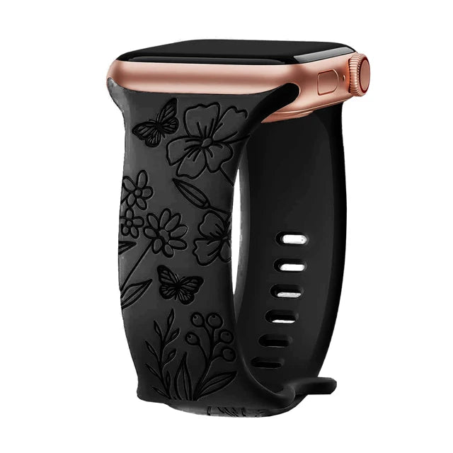 Engraved Band For Apple Watch Strap 44mm 42mm 41mm 40mm 45mm 49mm 38 Floral bracelet correa iwatch series 9 8 7 SE 6 5 4 3 Ultra