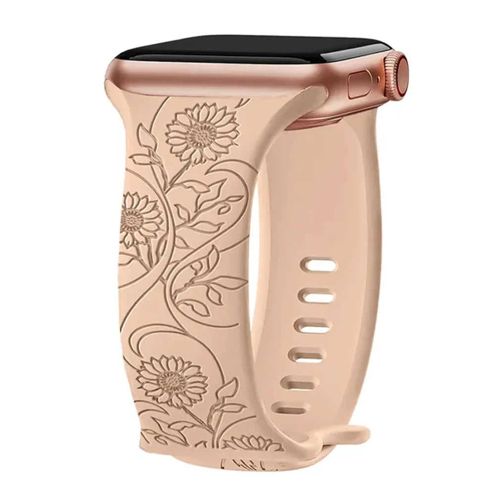 Engraved Band For Apple Watch Strap 44mm 42mm 41mm 40mm 45mm 49mm 38 Floral bracelet correa iwatch series 9 8 7 SE 6 5 4 3 Ultra